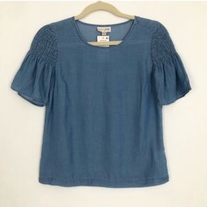 Chambray Pleated Casual Top, MAISON JULES, XXS, Blue